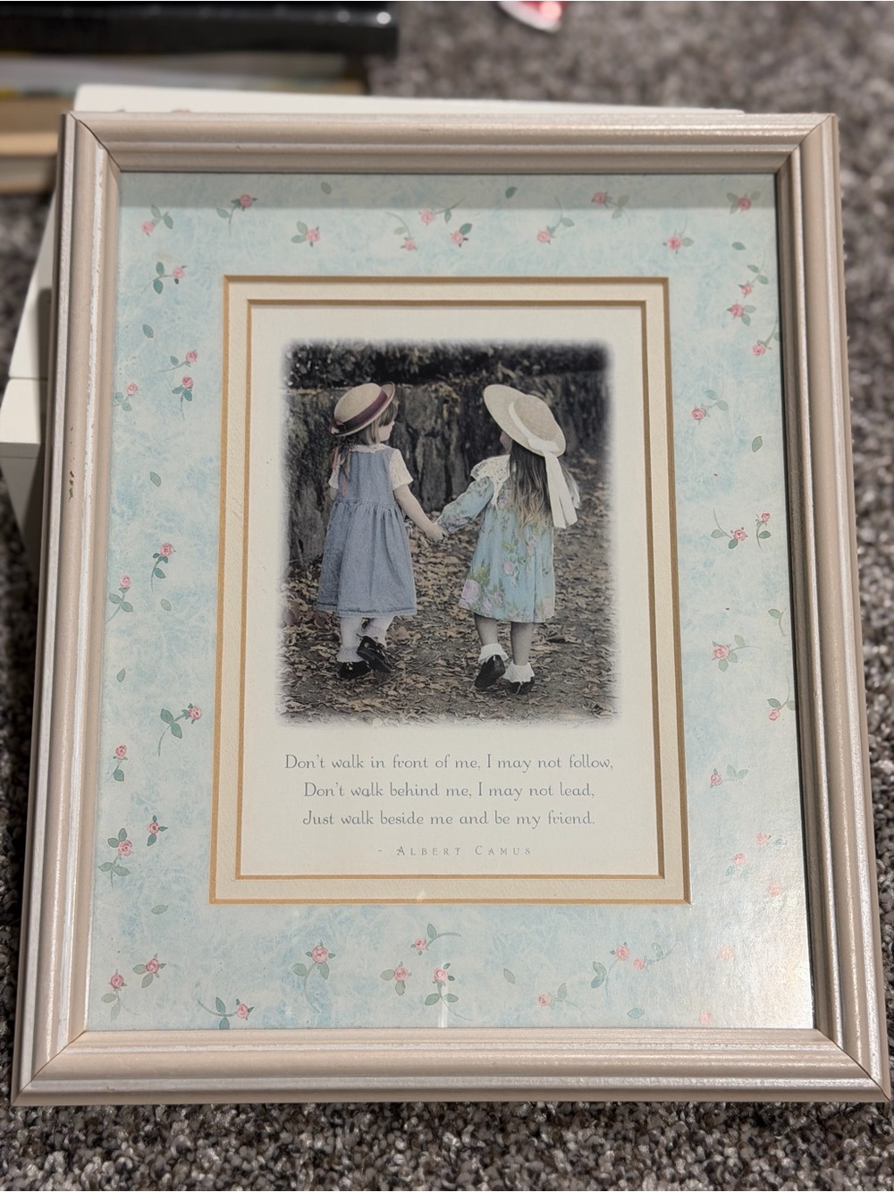 Framed Floral Mat Picture with Vintage Girls Print, sisters-friends.